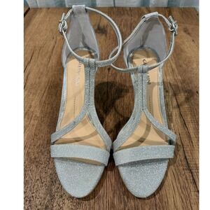 Gianni Bini Silver Glitter Heels Open Toe Stiletto Ankle Strap Pumps Women's  7M